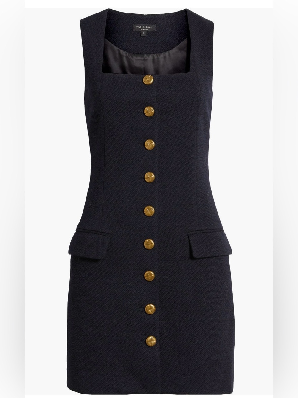 rag & bone Mariana Sleeveless Textured Mini Dress Navy Gold Buttons Size 10